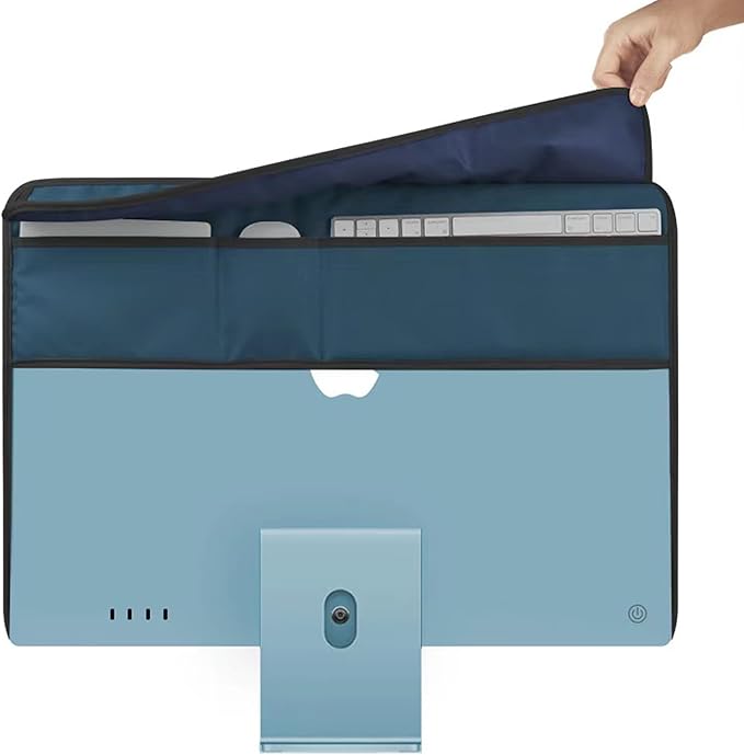 Monitor Dust Cover for iMac 24 inch PU Leather Anti-Static Dustproof Protective Case for LCD/LED/HD Panel Case Computer Sleeve Monitor Dust Cover with Rear Pocket (Cyan, 24inch)