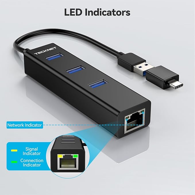 TECKNET USB C to Ethernet, Aluminum 3 Port USB 3.0 Hub with RJ45 10/100/1000 Gigabit Ethernet Adapter Converter LAN Wired Network Adapter for Laptop