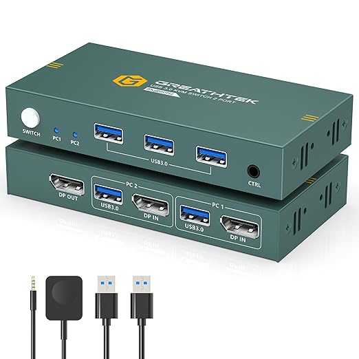 KVM Switch 1 Monitors 2 Computers Displayport 8K@60Hz, USB3.0 KVM Switch Displayport with 3 USB 3.0 Ports EDID Adaptive Sharing Mouse Keyboard and Monitor Plug and Play
