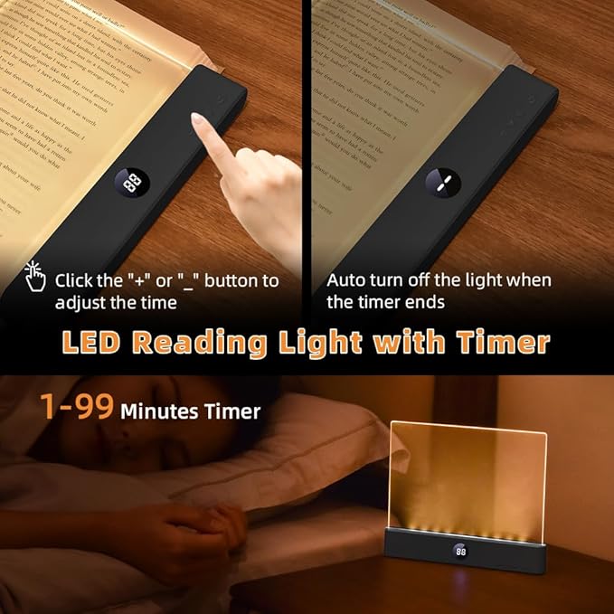 Book Light, Rechargeable Clear LED Flat Reading Light with 3 Colors & Timer, Dimmable Panel Plate Lamp Book Full Page Light for Reading in Bed at Night, Funny Gifts for Readers Kids Women Men (Black)