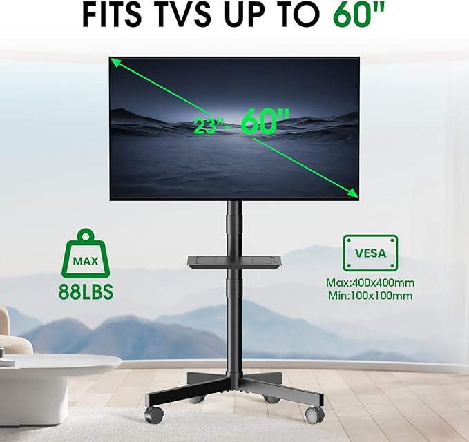 Mobile TV Cart Rolling TV Stand for 23-60 Inch LCD LED Flat Curved Screens up to 88 lbs, Height Adjustable Portable TV Stand on Wheels with Shelf, Outdoor TV Stand Mount, Max VESA 400x400mm, Black