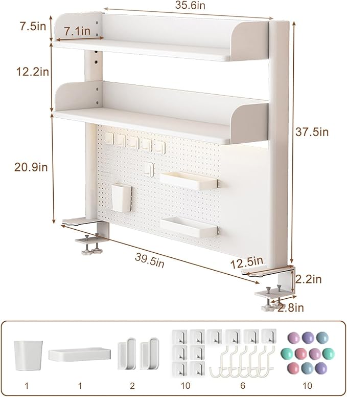Clamp on Desk Shelf with Pegboard, Desktop Organization Bookshelf Storage Shelves for Home Office Dorm Gaming Desk, Space Saving Tabletop Display Rack
