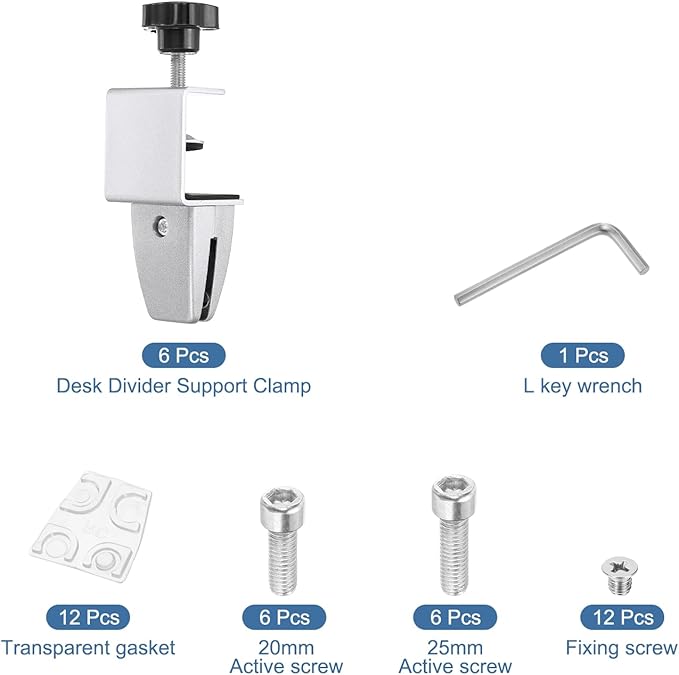 PATIKIL 6 Pcs 1/8" to 1/2" Adjustable Desk Divider Partition Clips, Aluminum Sneeze Guard Support Clamps Desktop Divider Clips for Offices Stores, Counter Privacy Panel,Silver
