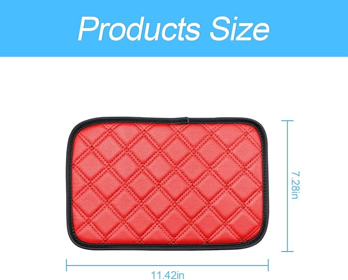 8sanlione Car Leather Center Console Cushion Pad, 11.4"x7.4" Waterproof Armrest Seat Box Cover Fit for Cars, Vehicles, SUVs, Comfort, Car Interior Protection Accessories (Rhombic Lattice Red)