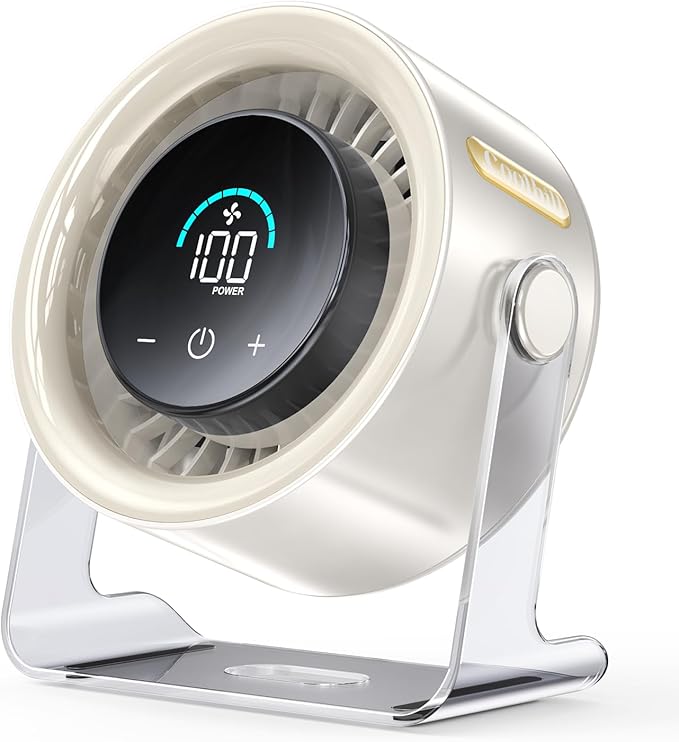 USB Desk Fan for Bedroom: 100 Speeds Digital Display Quiet Table Fan with Turbo Airflow, 120° Rotating Small Rechargeable Battery Desktop Fans for Bedroom Home Office (White)