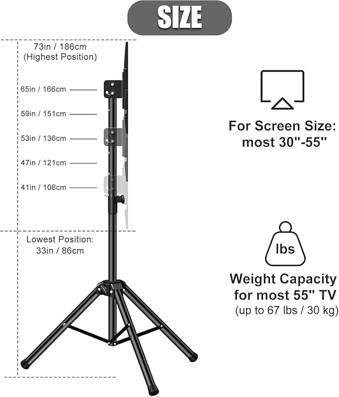 Portable TV Tripod Stand with Adjustable Angle Outdoor TV Stand with Top Shelf, Universal TVs Tripod for 30-55 in LCD LED Flat Screen TVs Display Floor Stand with No Drilling Needed