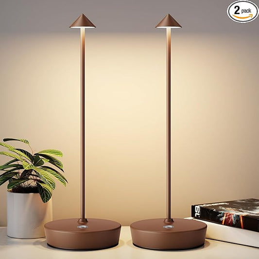 2Pack Rechargeable Cordless Table Lamp, Portable Powered LED Battery 6000mAh Metal USB Desk Lamp, 3 Levels Brightness Light for Restaurants Outdoor (2pack Coffee)