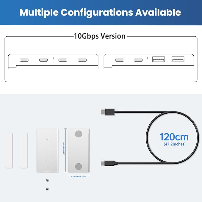 EJAY 10Gbps Magnetic USB-C Hub, 4-Port USB 3.2 Gen2 Aluminum Splitter, Desk Mounted with Extra Long 47" Cable, Anti-Slip Under Desk Hub for MacBook, Surface, Dell, Silver