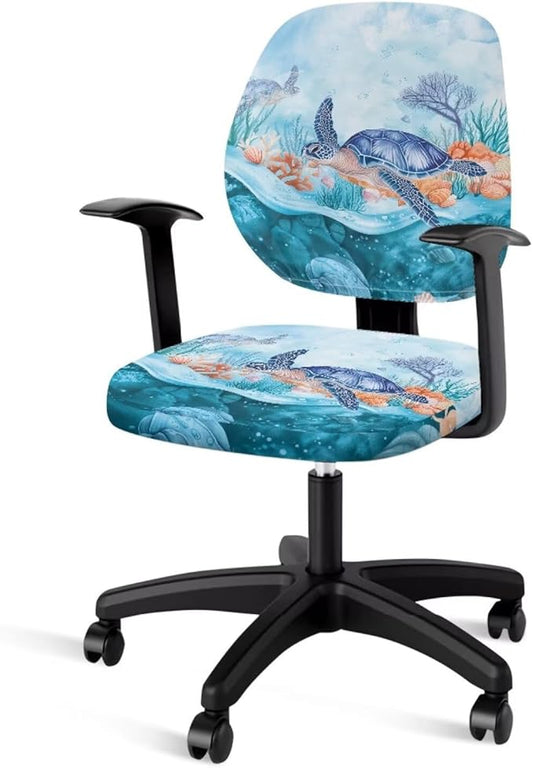 GLENLCWE Office Chair Cover Blue Sea Turtle Computer Chair Slipcovers Elastic Stretch Office Desk Chair Cover Soft Gaming Chair Cover Rotating Computer Chair Seat Cover
