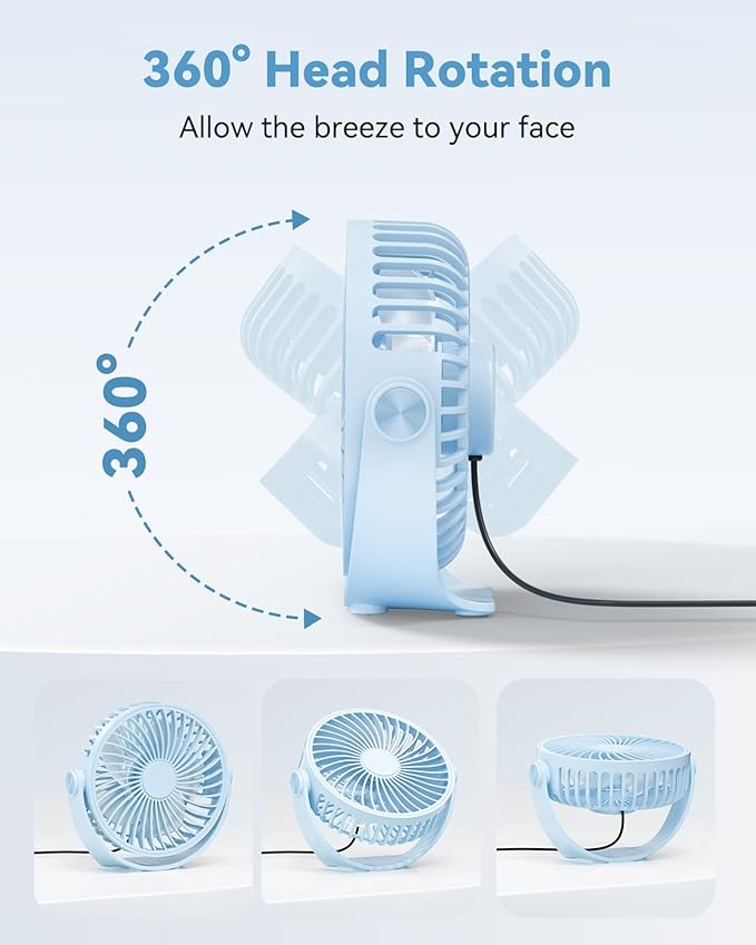 Edvision USB Desk Fan, 5 Inch Mini Portable, 3 Speeds Strong Airflow Personal Desktop, Detachable Cooling Fan 360° Rotation Quiet Small Fan for Desk Home Office Travel Car, Blue, 5ft Cable