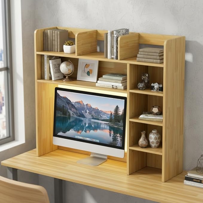Tangkula Desktop Bookshelf with LED Lights, Desk Hutch with 8 Shelves for Max 25" Monitor, Desktop 5-Tier Display Rack, Wood Desktop Storage Hutch Organizer for Dorm Office Home, Burlywood