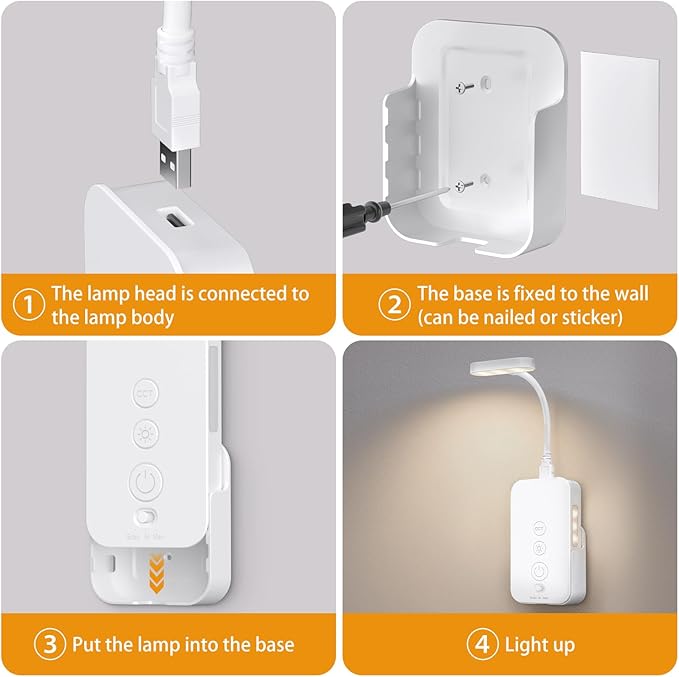 Ellasay Wall Mounted Reading Light: Dimmable LED Book Lights with Timer & Memory - Adjustable Gooseneck USB Powered - Easy Install for Kids Bedroom/Dorm Room/RV 1 Pack (White)