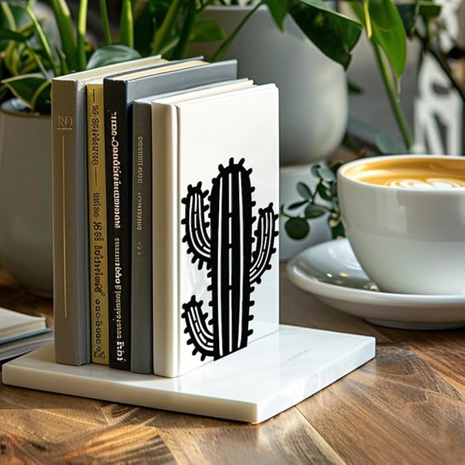 Peacoblue Metal Bookends for Shelves, Modern Decorative Heavy Duty Study Book Support Stoppers for Office, Desk, Shelf, Room 5.3"x4.3"x7.9" Cast Iron Simple Tall Bookends, 1 Pair (Cactus)