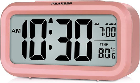 Peakeep Night Light Digital Alarm Clock with Indoor Temperature, Battery Operated Desk Small Clock (Light Salmon Pink)