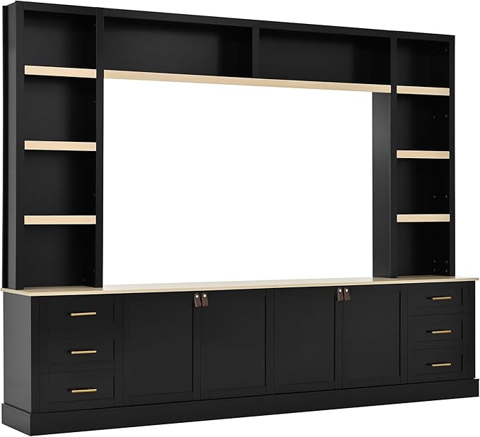 102.3"W Farmhouse 4-Piece Entertainment Center Wall Unit with Adjustable Shelves, Modern Large TV Stand with Bookshelves for TVs Up to 75", Rustic Media Console with 6 Drawers for Living Room, Black