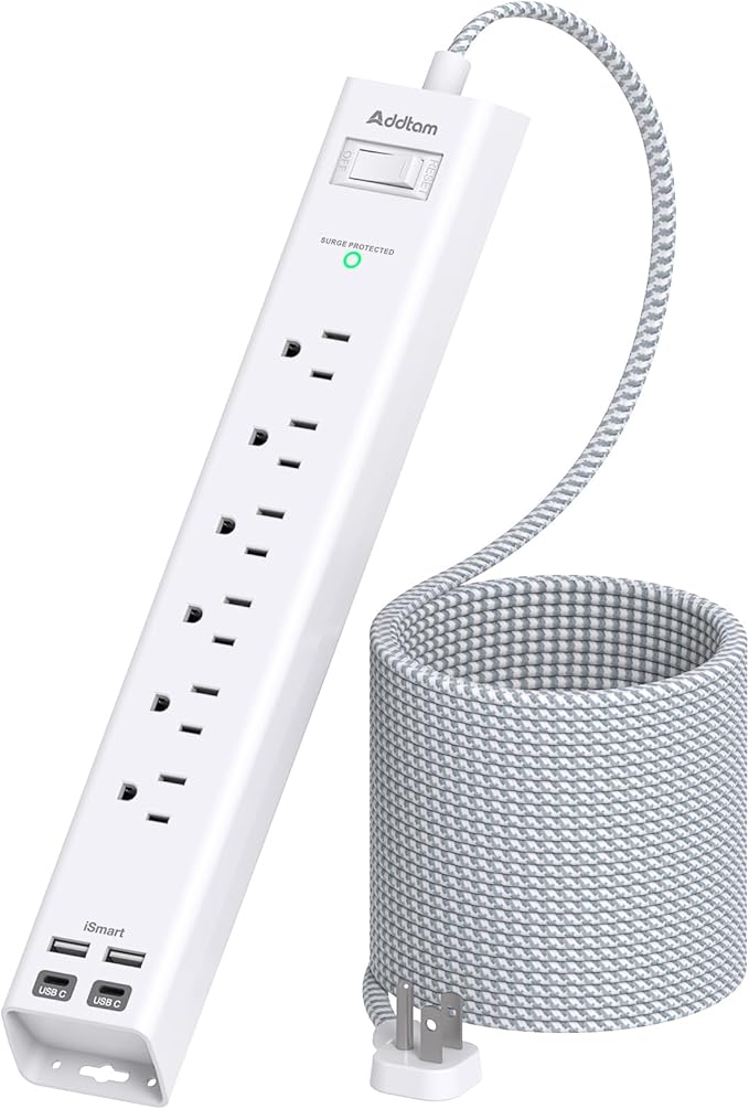 Addtam 25ft Extra Long Power Strip Surge Protector, 6 Outlets and 4 USB Ports (2 USB C), Ultra Flat Plug Wall Mount, Heavy Duty Extension Cord Charging Station for Large Room, Garage, Workshop
