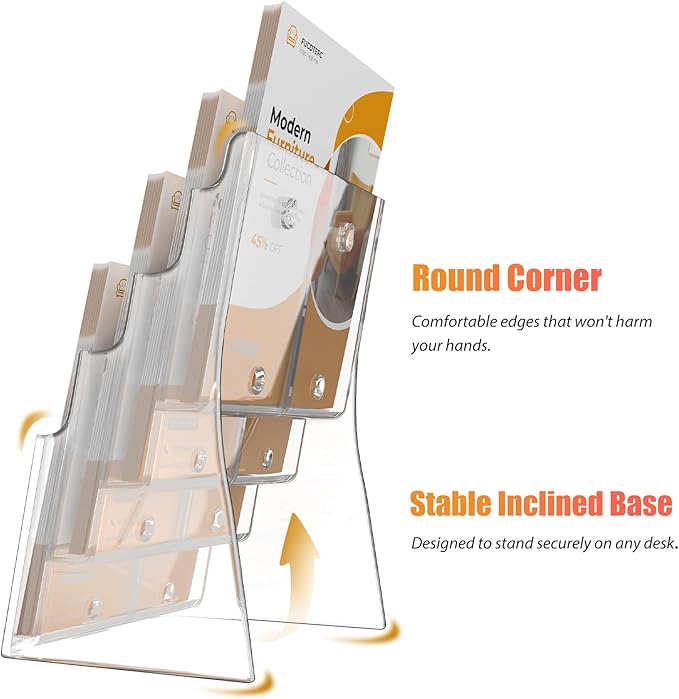FUCDTEFC 2 Pack Acrylic Brochure Holder 8.5x11 & 4 x9 Inches, Clear 4 Tier Magazine Holder Brochure Display Stand w Removable Divider, Literature Pamphlet Flyer Holder for Wall Mount or Countertop