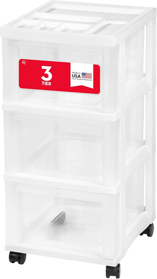 IRIS USA Plastic Drawer Storage Organizer Rolling Cart, with Wheels Casters, 3-Drawers, for Classroom Art Craft Supplies Dresser Closet Bathroom Laundry Room, White/Clear