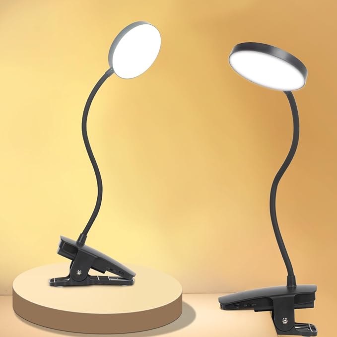 Cordless Clip on Desk Lamp with Clamp, 30 Lighting Modes (6 Colors x 5 Dimming Levels) Eye-Protect 450 Lumen, 360° Flexible Gooseneck & Foldable, Clip on Light for Bed Headboard / Puzzle,Black 2 Pcs
