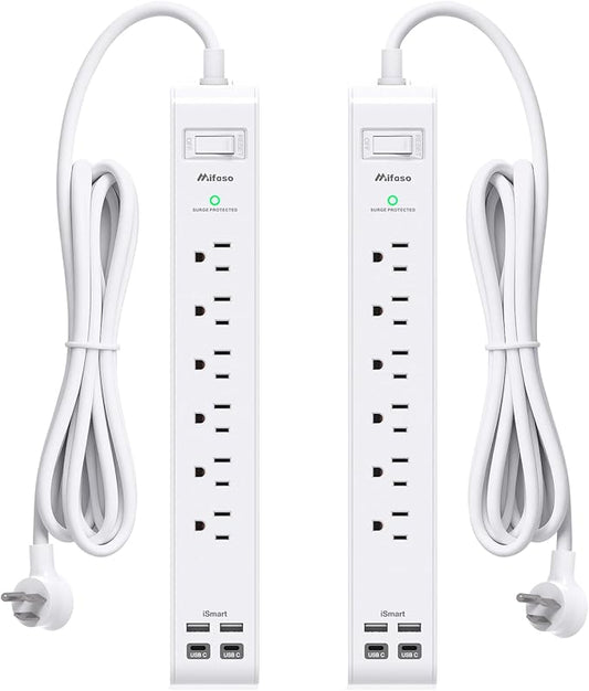 2 Pack Power Strip, 12FT Long Extension Cord, Surge Protector with 6 Outlets and 4 USB Ports (2 USB C), Flat Plug Overload Protection, Extension Cord 10+ ft, Wall Mount for Home Office Dorm College
