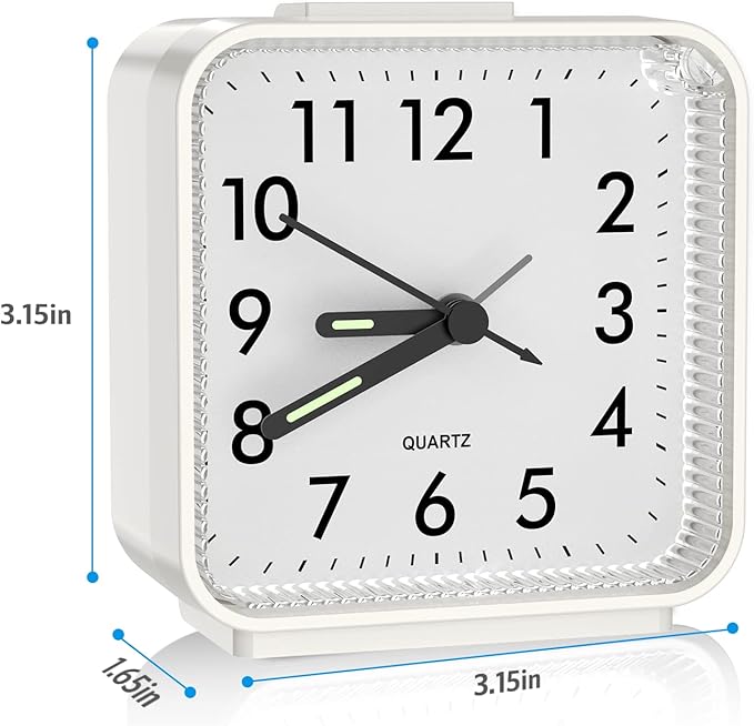 AMIR Analog Silent Non Ticking Small Clock, Travel with Snooze & Light, Ascending Beep Sounds, Battery Operated Loud Alarm Clock for Bedroom (White)