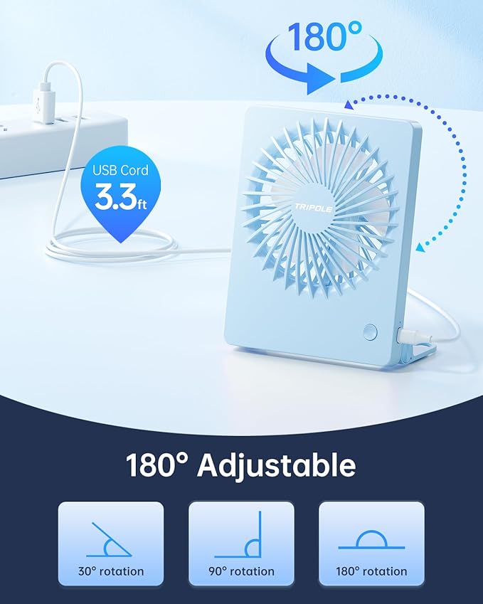TriPole Mini Desk Fan USB Powered Portable Fan Small Personal Fan 3 Speeds Strong Airflow Table Fan for Travel Home Office Bedroom Desktop, 3.3ft Cable (No Battery, Blue)
