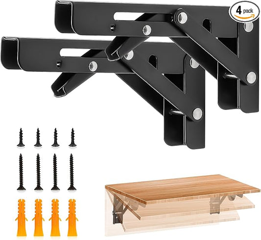 JOY DECOR 6 Inch Heavy Duty Folding Shelf Brackets, 4 Pack (2 Pairs) Collapsible Wall Mounted Brackets for Fold Down Table, Stainless Steel Folding Table Hinge, Matte Black