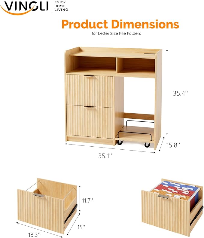 VINGLI Lateral 2 Drawer File Cabinet with Cart, Home Office Filing Organizer for Letter File Folder Storage, Fluted Design, Wood Filing Cabinet with Socket, Wide Printer Paper Shredder Stand (Oak)