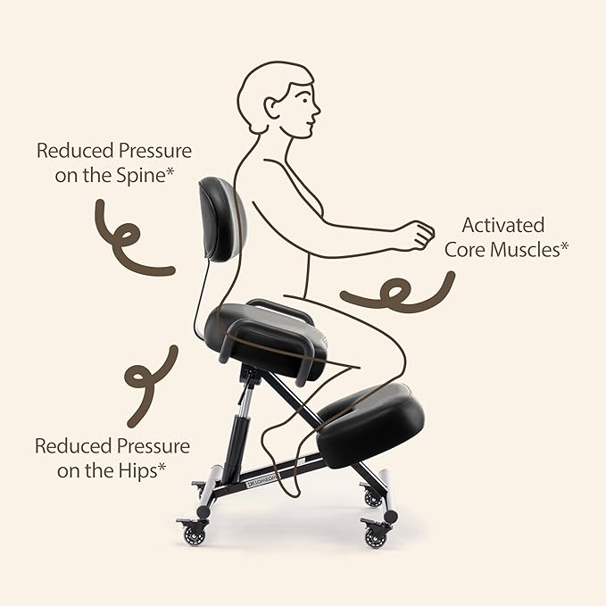 Ergonomic Kneeling Chair with Backrest, Improve Posture, Thick Cushions, Locking Wheels for Home & Office, AKONI 512B (Black)