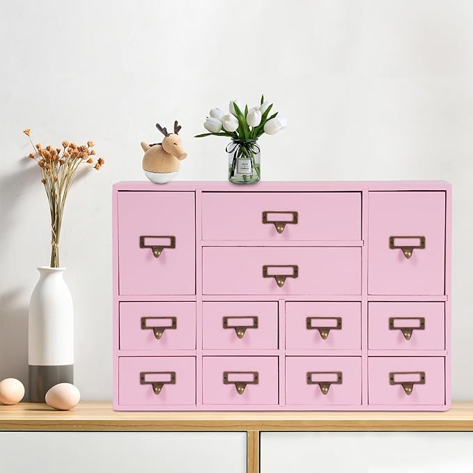 Vintage Desktop Apothecary Cabinet with 12 Drawers,Wood Desktop Organizers Stackable Drawers Desktop Chest Drawer for Herb Storage,Tea Collection,Stationery (12 Drawers,Pink)