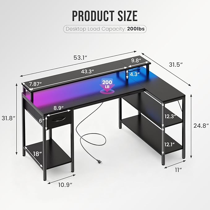 DUMOS 53” Gaming Desk with USB Charging Ports & LED Lights, Reversible L Shaped Desks Computer Corner Gamer Table with Power Outlets Monitor Stand Storage Shelves for Home Office Small Space, Black