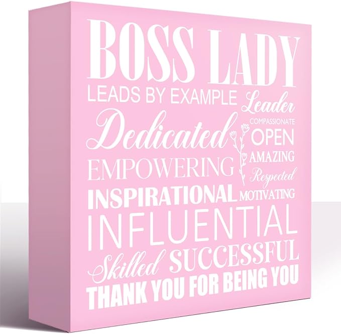 LVQHI Pink Office Desk Accessories, Boss Lady Leads Sign Wooden Box, Inspirational Desk Decor For Hr Women, Small Encouraging Office Cubicle Table Decoration Signs Wall Decor 5"L x 5"W x 1.2"H