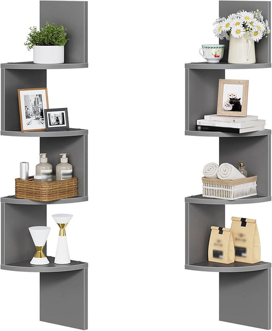 HOOBRO Corner Shelf Wall-Mounted, Set of 2 Floating Corner Shelves, 4-Tier Bookshelves for Wall Decor in Living Room, Bedroom, Home Office, Dove Gray GY25BJP201