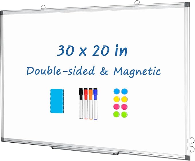 DOLLAR BOSS Dry Erase Whiteboard, 30 x 20 Inch Double-Sided Magnetic White Board for Wall Silver Aluminum Frame for Office School Home with 8 Magnets 4 Markers 1 Eraser 1 Detachable Pen Tray