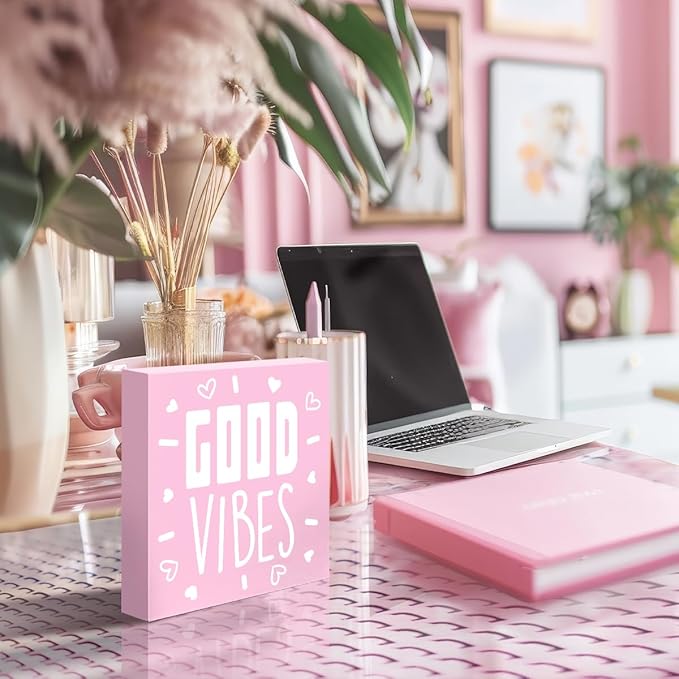 LVQHI Pink Decor For Desk, Good Vibes Sign Wood Box,Inspirational Office Desk Decor For Women, Small Motivational Home Bedroom Table Accessories Decoration Signs 5"x5"x1.2" In