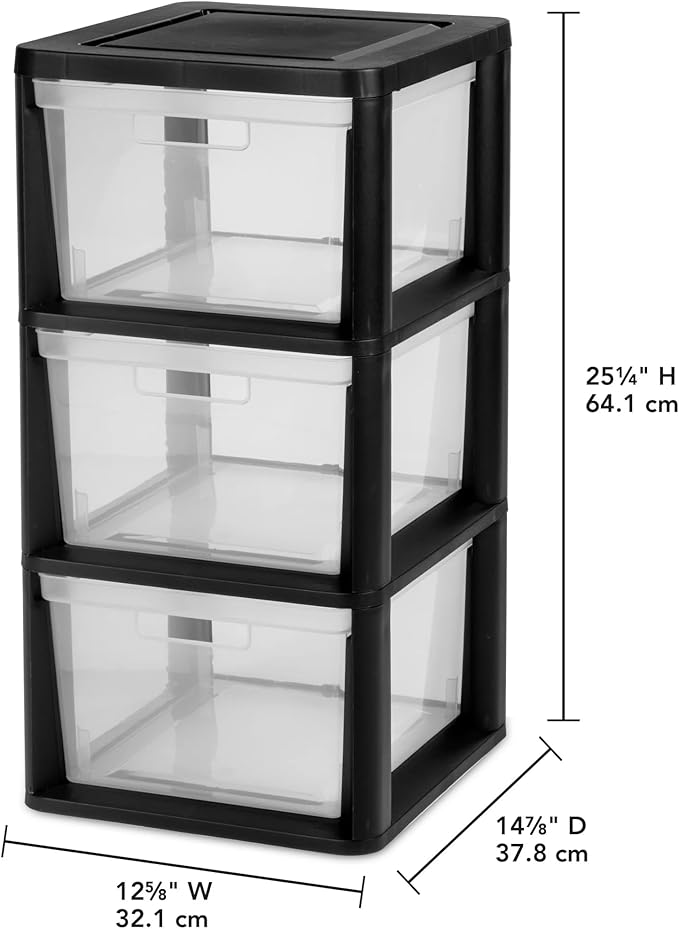 Plastic Drawer Wide Tower Plastic Storage Cart with Clear Pull Out Drawers, Black (Black, 3 Drawer Wide Tower)