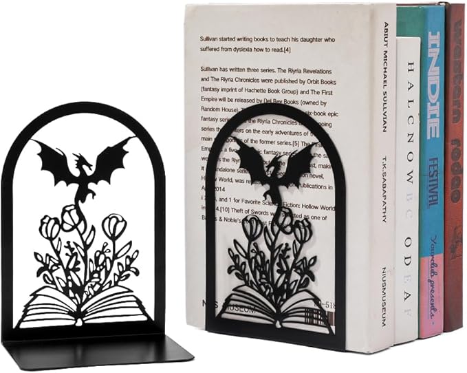 Book Ends, Bookends, Book Ends for Shelves, 1 Pair Non Skid Metal Book Divider Decorative Holder, Abstract Art Desgin Book Stopper Supports for Office, Home (Dragon A)