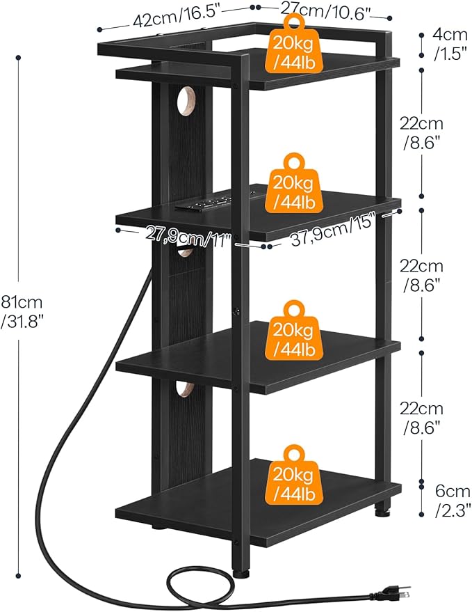 HOOBRO 4-Tier AV Media Stand with Charging Station and LED Light, Wooden Stereo Stand, Rack Audio Tower, Corner TV Stand, Entertainment Device, Black BB38UDCJ01