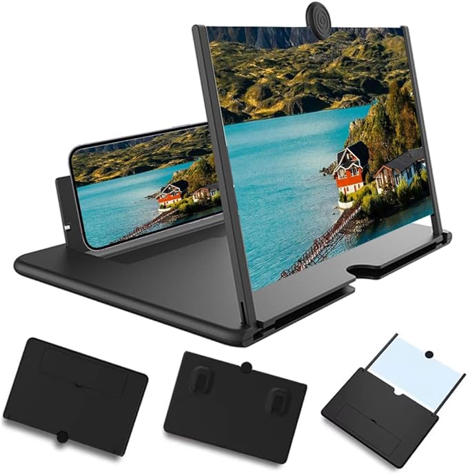 Mobile Phone Magnifier Screen, 3D HD Magnifying Projector Screen Enlarger for Movies Videos and Gaming, Foldable Phone Stand with Screen Amplifier, Compatible with All Smartphones (Black, 12inch)