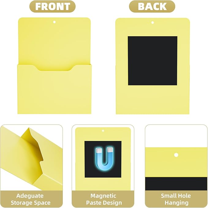 2 Pack Magnetic File Holder - Paper Holder, Pocket Organizer,Hanging Wall File Organizer Office Supplies Storage, Magazine Mail Organizer Case for Notebooks,Planners,Letter (Yellow)