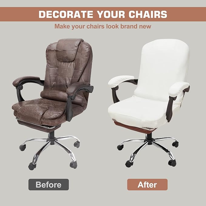 NeColorLife Velvet Office Chair Cover with Armrest Covers - Stretchable High Back Desk Computer Chair Slipcover for Large Rotating Boss Chairs (Large,Ivory White)