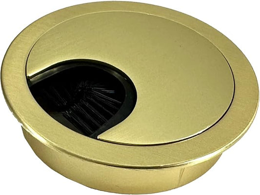 Satin Brass Metal Cable Grommet | 2 Piece "Lock in" Feature with "Brush" Opening for Management of Office & Computer Desk Wires | 60mm (2 3/8") Hole Opening | 1 Pack