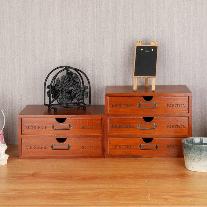 Wooden Storage Box Rustic Desktop Organizer with 3 Drawers Office Desk Accessories Shelf Small Craft Storage Containers Apothecary Cabinet and Chest Jewelry Holder for women(BROWN)