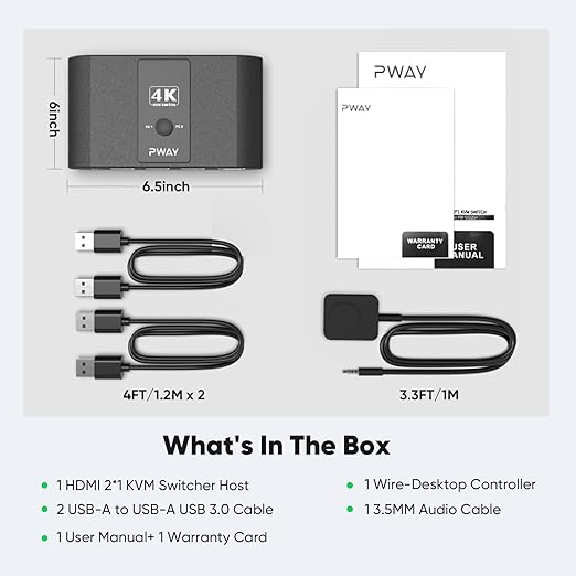 4K@60Hz HDMI Kvm Switch 1 Monitors 2 Computers, Sharing USB Devices with 3 USB 3.0 Ports, Supports Wired Remote and Button Control, EDID Compatible, Suitable for Laptop/Desktop