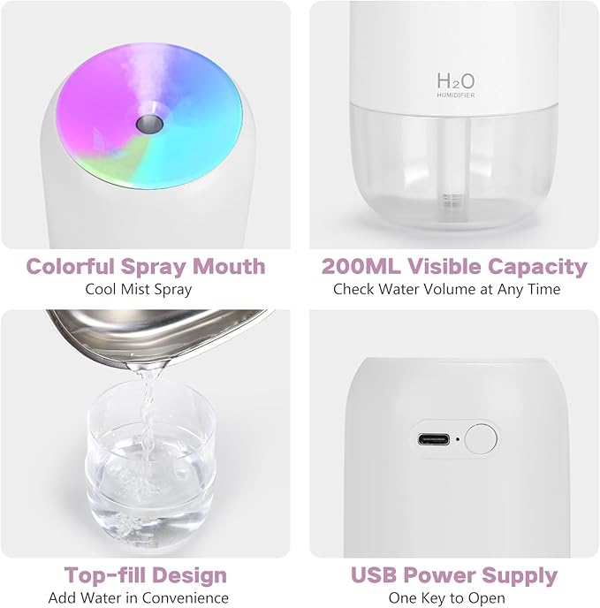 Mini Humidifiers for Bedroom, 200ml Small Humidifier for Home Plant, Room Humidifiers for Bedroom Auto Shut-off Top Fill Humidifier for Car Office Desktop, White
