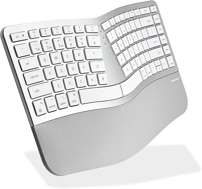 Macally Ergonomic Keyboard for Mac Wireless, Split Bluetooth & USB-C+A Wired Dual Mode Keyboard, Rechargeable Multi-Device Ergonomic Keyboard for MacBook iMac iPad iPhone with Wrist Cushion
