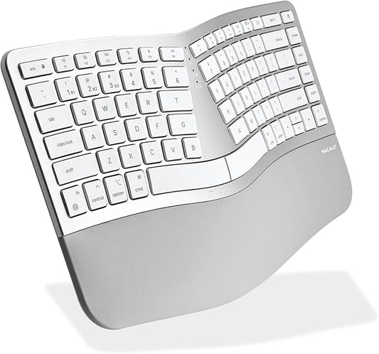 Macally Ergonomic Keyboard for Mac Wireless, Split Bluetooth & USB-C+A Wired Dual Mode Keyboard, Rechargeable Multi-Device Ergonomic Keyboard for MacBook iMac iPad iPhone with Wrist Cushion