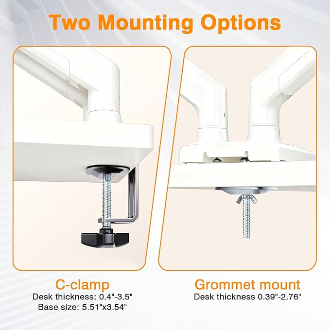 Dual Monitor Arms, Gas Spring Monitor Arms for 2 Monitors up to 34" Curved/Flat, 22lbs per Arm, VESA Mount 75x75 100x100mm, C-Clamp & Grommet Base, Adjustable Tilt/Swivel/Rotation White