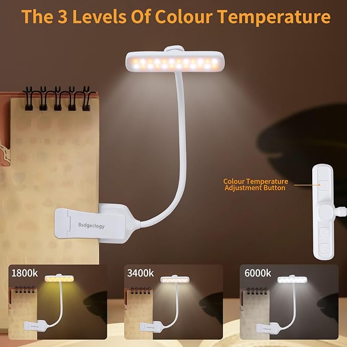 24 Led Rechargeable Book Light For Reading In Bed-Eye Caring 3 Color Temperatures,80 Hrs Runtime Lightweight Clip-On Lamp, Perfect For Kids, Book Lovers, And Student Gifts (White, Rotating)