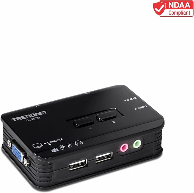 TRENDnet 2-Port USB KVM Switch Kit with Audio, TK-209K, Control Up to 2 Computers, Windows, Linux, Mac OS Compliant, 2048 x 1536 VGA Resolution, NDAA & TAA Compliant, KVM Cables Included, Black